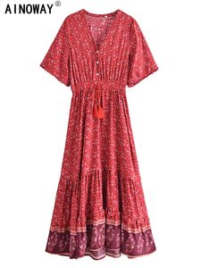 Vintage Chic Moda Donna Stampa floreale Vneck Rayon Beach Bohemian Maxi Dress Donna Scollo a V Nappa Abiti estivi Boho Robe 240320