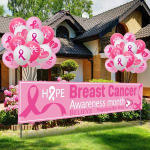 Accessories Breast Cancer Awareness Backdrop Banner Pink Ribbon Outdoor Yard Sign Hanging Banners for Breast Cancer Charity Party Supplies