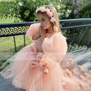 Flower Girl Dresses For Wedding Puffy 3D Applique Short Sleeves Oneck Tulle Formal Princess Ball Gowns Junior Bridesmaid Dress 240313