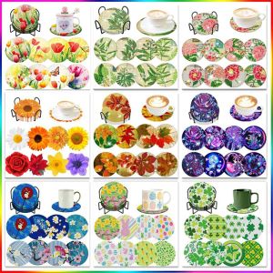 Stitch 8pc/sets DIY Diamonds Painting Coaster Kits Fresh Flower NonSlip Rhinestone Mosaic Embroidery Diamond Art Craft Adults Gift