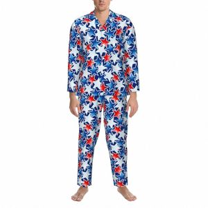 Red White and Blue Star Sleepwear Abstract Stars tryckta vintage överdimensionerade pyjama sätter man lg ärmar hem nattkläder i3y1#