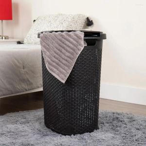 Laundry Bags 60L Slim Hamper Clothes Basket Lid Wicker Style Plastic 17.65"L X 13.75"W 24.15"H Set Of 2 Black