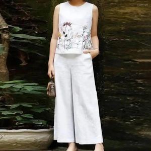 Women's Two Piece Pants Vintage Women Sleeveless Tops Wide Leg Pant Sets Summer Matching 2PCS Embroidery Floral Trousers Suits Tracksuit