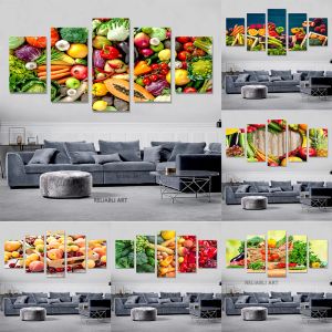 5 Piece Kitchen Fresh Fruits and Vegetables Basket Wall Pictures Colorful Green Plant Canvas Painting Posters for Wall Decor