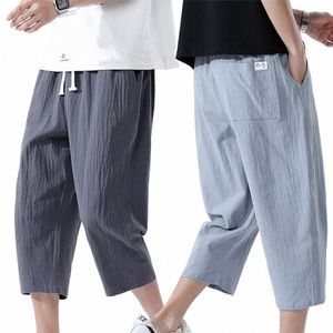 summer Casual Pants Men's Wild Cott And Linen Loose Linen Pants Korean Style-Trend Nine-point Straight Trousers V4Iv#