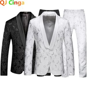 Branco rosa padrão de duas peças terno para homens casamento vestido de negócios casaco e calças moda magro ajuste terno masculino M-5XL 6xl 240312