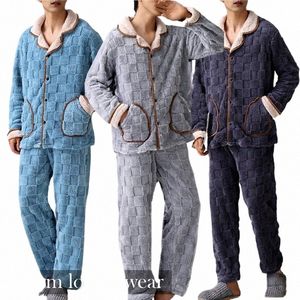 Homens Inverno Espessado Coral Fleece Pijama Lg Manga Xadrez Jacquard Cardigan + Calças 2 PCS Set Lazer Quente Flanela Nightwear p0zQ #