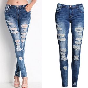Women Jeans Blue Slim Ripped for Skinny Distressed Washed Stretch Denim Mom High Waist Pants Femme Bleached 240307