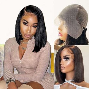 AMI 12 tum 13x6 Human Hair Frontal Glueless 150% densitet raka korta peruker för svarta kvinnor djup sida del Bob transparent spets peruk