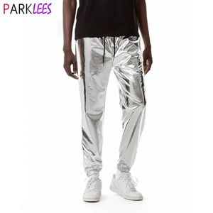 Mens Shiny Silver Metallic Jogger Sweatpants Hip Hop Wet Look Trousers Men Club Party Festival Prom Streetwear Pantalones Hombre 240314