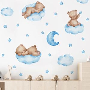 Adesivos 3 cores urso dos desenhos animados nuvens lua adesivos de parede para crianças quarto do bebê berçário decoração papel de parede meninos meninas quarto decalques