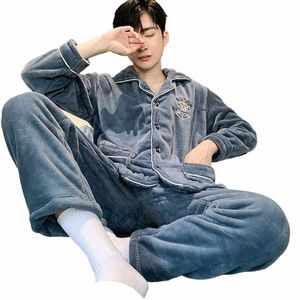 2023 Pajamas Men's Thick Flannel Loungewear中年秋の秋のホームウェアウォーム豪華な特大のサンゴベエットセットM89y＃