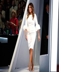 Melania Trump Little White Dresses Sheath Crew Neckline Pleated with Baloon Sleeves And Back Split Knee Length Celebrity Party Gow2560705