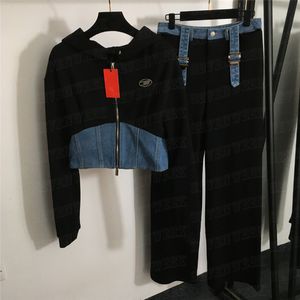 Metal Mektup Denim Ekleme Ceket Pantolon İki Parçalı Kadın Giysileri Tasarımcısı Kapşonlu Ceket Yüksek Bel Geniş Bacak Pantolon Setleri