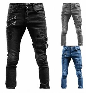 Männer Jeans Denim Bleistift Hosen Mittlere Taille Moto Biker Flügel Taschen Slim Leichte Strech Mantel Knöchel Länge Reißverschluss Fly 2024 E1rP #