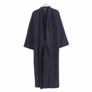 Män avslappnad fast färg japansk yukata kimo sömnkläder LG Bath Robe Pyjamas Lace Up Cott Slee Loose Costumes S35U#