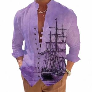 Spring Autumn Sailboat Printin Hot Sale Men's LG-ärmskjortor Solid Color Stand-Up Collar Casual Style Plus Size Shirts New U4W8#