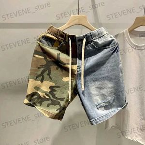 Men's Shorts Men Clothing Japanese Fashion Camouflage Patchwork Denim Shorts Mens Summer Personality Hole Casual Pants Strtwear Short Homme T240325