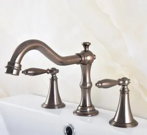 Banyo lavabo musluklar kahverengi yağ ovulmuş bronz güverte monte çift tutamaklar yaygın 3 delik havza musluk mikser su musluklar mnf587