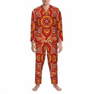 Plemienna druk śpiąca wiosna etniczna kwiecista kwiecisty Piżama Zestaw Mężczyzna LG Rękawy miękki wolny czas nocny t2io##