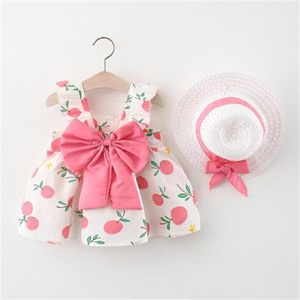 Sommer neues Prinzessin-Neckholder-Kleid, Baby-Baumwolldruck, großer Bogenrock, Hut-Set