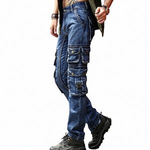 mcikkny Men Cargo Casual Jeans Pants Multi Pockets Military Denim Trousers For Male Size 29-40 n00Y#