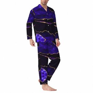 Mármore Impressão Pijamas Primavera Roxo e Ouro Retro Oversized Pijama Define Homem Lg Manga Suave Lazer Personalizado Nightwear J8iS #