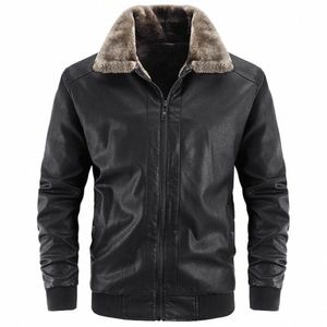 Jaqueta de couro masculina de lã quente de inverno com lapela gola de pele PU casaco de couro jaqueta de motociclista preto sólido roupas masculinas U8KJ #