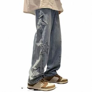 2023 Men's fi y2k stjärna broderi raka denim byxor lösa casual breda benbyxor streetwear hip hop stora jeans a3qa#