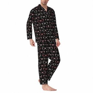 Pajamas Male Pink Black Glasses Leisure Sleepwear Hipster Eyeglasses 2 قطع الرجعية Pajama Set LG-Sleeve بدلة منزلية كبيرة الحجم N6AF#