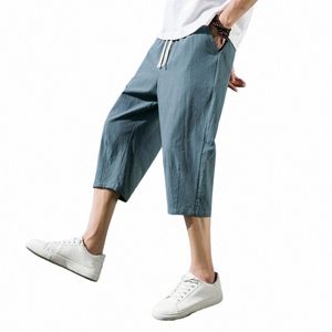 Sommar Nya avslappnade korta byxor Mens Cott and Linen Loose Pants Trend Nine-Point Straight Byxor M-5XL C61M#