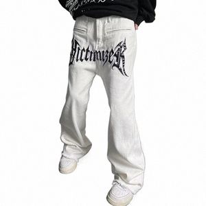 2022 Cool Design in pelle ricamo bianco Baggy Jeans da uomo Pantaloni Y2K New Fi Streetwear dritto allentato Hip Hop pantaloni in denim N5YA #