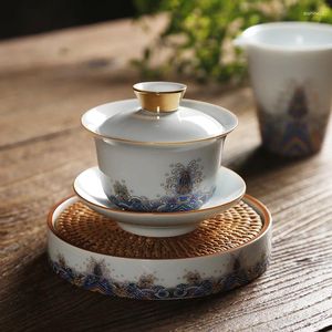 Conjuntos de utensílios de chá | Porcelana esmaltada colorida apenas três xícaras brancas tigela de chá tigela grande com rolamento caneca justa