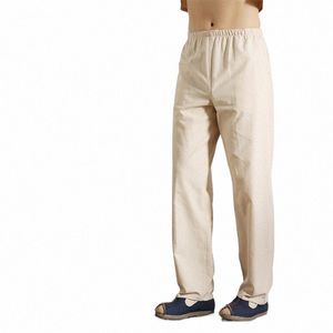 100％cott beige Chinese Chinese Traditial Men's Kung Fu Pants Wu Shu Tai Chi Elastic Waist LGズボンS M L XL XXL XXXL CB0415 C5CK＃