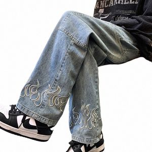 Y2K Vintage Flame Tryckt jeans för män på baggy streetwear wide ben denim byxor 2024 NY HIP HOP FI raka pantales r4jr#