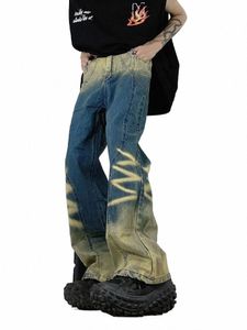 Amerikan High Street Gradient Wable Old Jeans Erkekler ve Kadınların Gevşek Düz Kollu Çift Pantolon Fi Marka Premium Hisset C962#