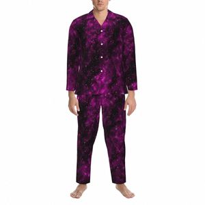 Mor Galaxy Sweetwear Sonbahar Uzay Baskı Sıradan Gevşek Büyük Boy Pijama Seti Erkekler LG-Sleeve Rahat Oda Özel Nightwear D4QR#