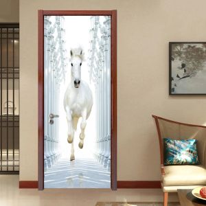 Stickers Modern Creative 3D Stereoscopic Space White Horse Door Sticker DIY PVC Selfadhesive Door Wallpaper Wall Decals Mural De Parede