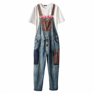 Mäns vintage Ctrast Color Denim Bib overallerar avslappnad lapptäcke Patch Design Jeans Big Pocket Jumpsuits Pants G1ZU#