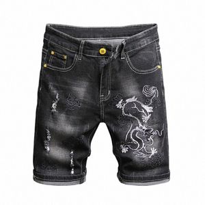 Sommer männer Slim Stretch Kurze Jeans Chinesische Drag Stickerei Muster Denim Shorts Schwarz Grau Ripped FI Shorts Männlich T59c #