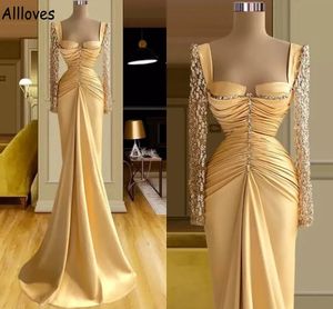 Gold Satin Long Sleeved Prom Dresses Elegant Pleats Sequins Beaded Square Neck Evening Party Gowns Fashion Arabic Mermaid Special Occasion Reception Dress