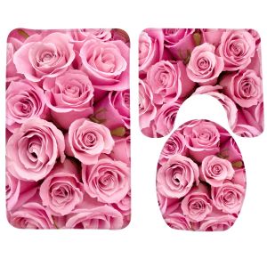 Mats 3pcs Bathroom Mat Set Pink Roses Pattern Bath Mat Anti Slip Shower Mat and Toilet Mat Bathroom Products