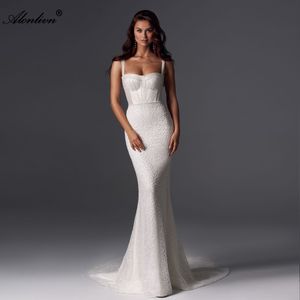 Novo estilo de luxo beading pérolas rendas cintas de espaguete sem alças sereia vestidos de casamento trem varredura v-backless sem mangas trompete vestidos de noiva