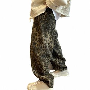 Hip-Hop-stil byxor Leopardtryck Hip Hop Men's Pants med djup gren Mjukt andningsbart tyg Mid midjfickor för bekväm J68T#