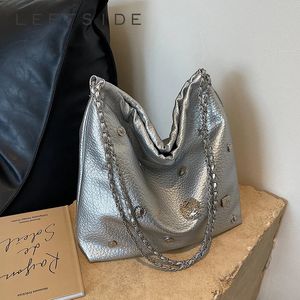 LEFTSIDE Y2K Big Chain Crossbody Bags for Women Korean Fashion Lady Kvinna Silver Pu Leather Axel Bag Trend Handväskor 240322