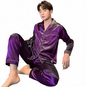 spring 2 Lg Men Homewear Sets Satin Male Collar Pajama Pieces Silk Pijama Turn-down Nightwear Sleeve Sleepwear k6b2#