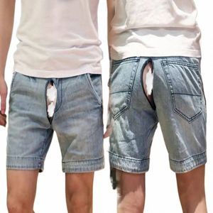 Verão invisível aberto virilha shorts sexo ao ar livre vintage jeans masculino denim shorts casuais juventude na altura do joelho roupas masculinas plus size 39s4 #