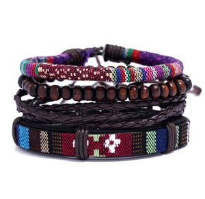 Corda trançada artesanal multicamadas de madeira frisada pulseiras 4 peças conjunto pulseira ajustável estilo étnico joias para mulheres e homens