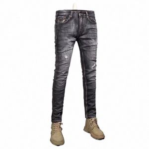 fi Streetwear Men Jeans High Quality Retro Black Gray Elastic Slim Fit Ripped Jeans Men Vintage Designer Denim Pants Hombre 85Qp#