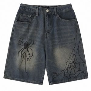 Hip Hop dżinsy krótkie Y2K Vintage Spider Babeb Graphic Print Blue Denim Shorts 2023 Men Harajuku Summer Fi Loose Streetwear 67c4#